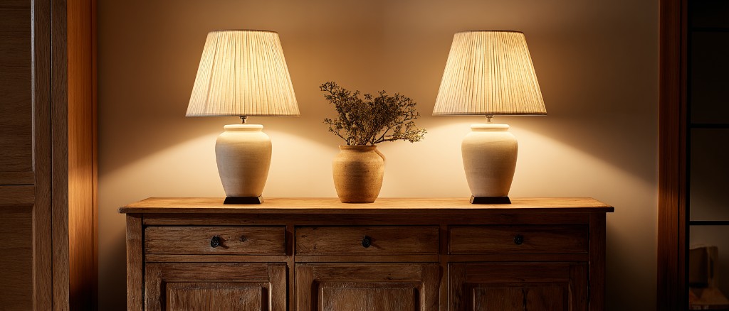Pair of ceramic table lamps on a wooden sideboard